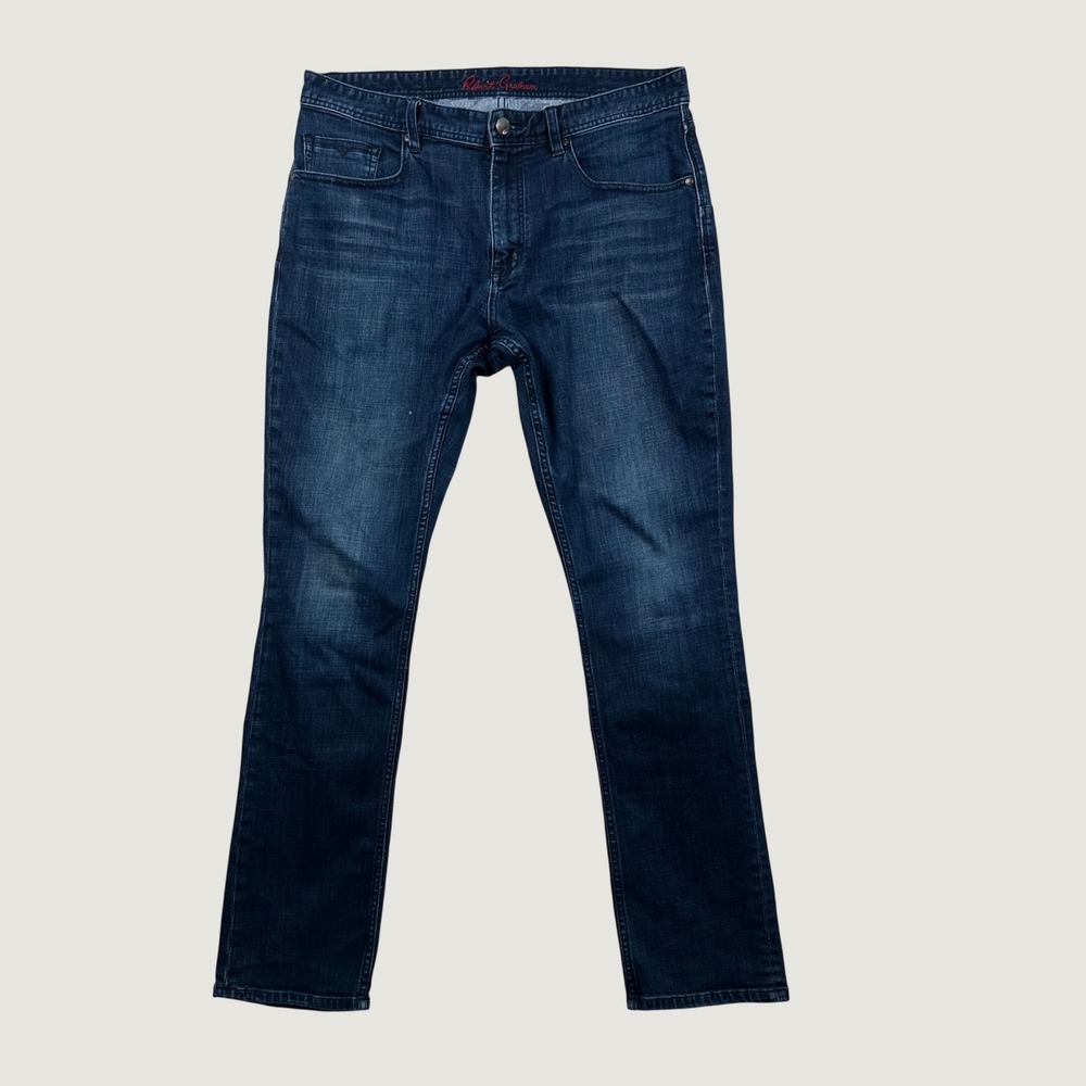 Robert Graham Jeans Mens Slim Straight 35x33 Stretch Dark Wash Denim Blue Luxury